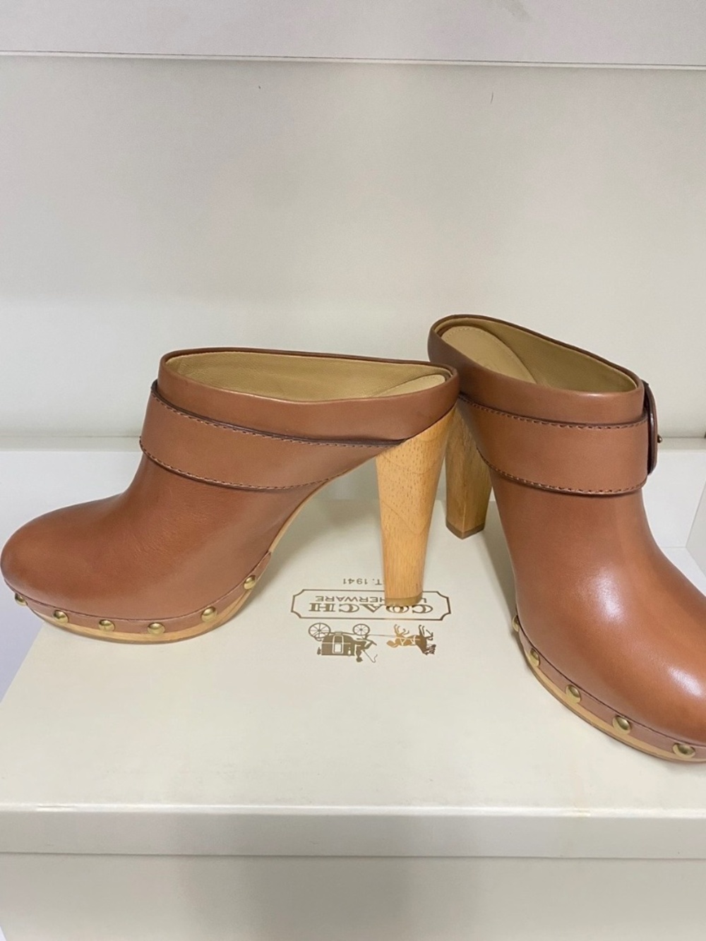 coach leather mules, size 8.5, caramel colored